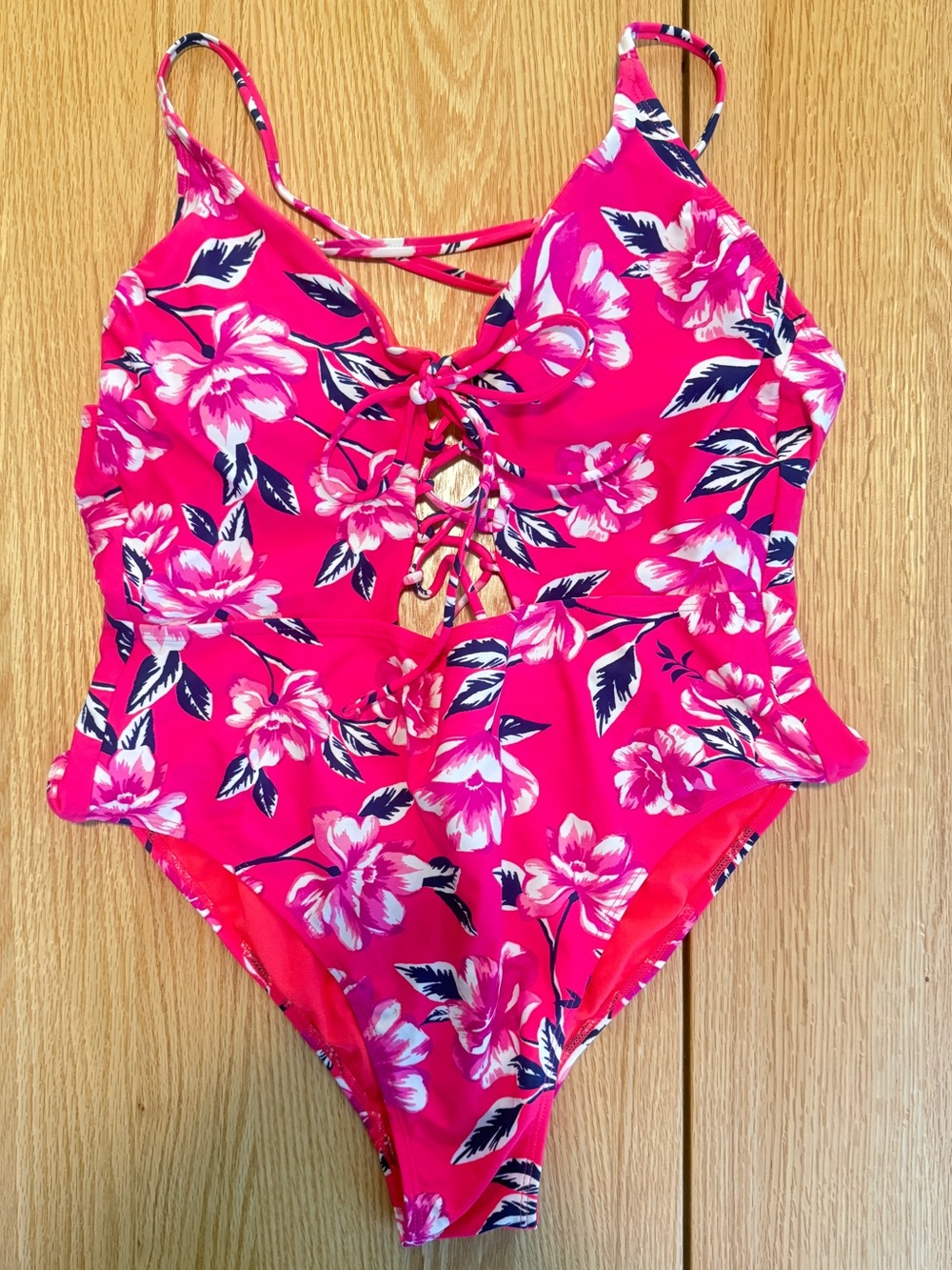Xhilaration Hot Pink Floral Lace-Up One Piece Swimsuit XL